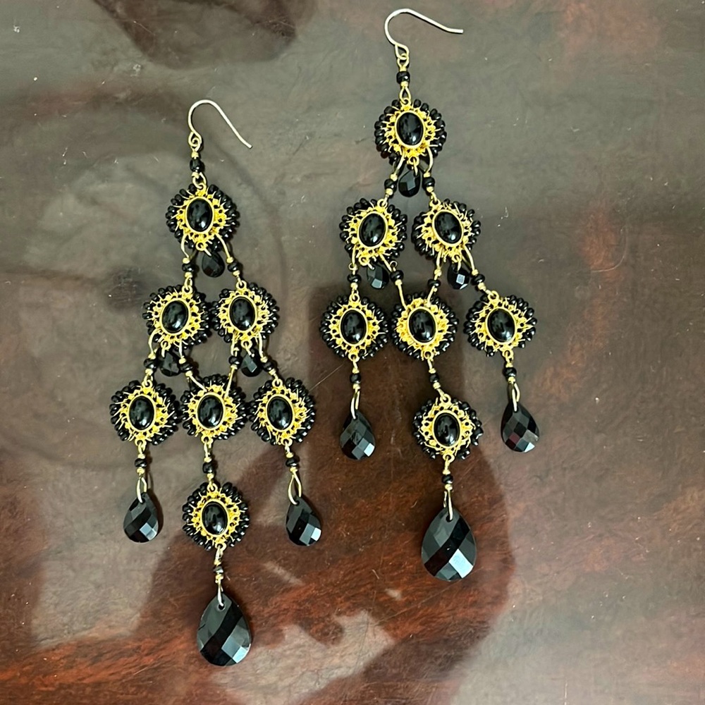 Long Dangly Black and Gold Tone Earrings